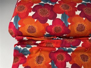 Bomuldsjersey - smukke store blomster i røde toner, rest på 1,3 m